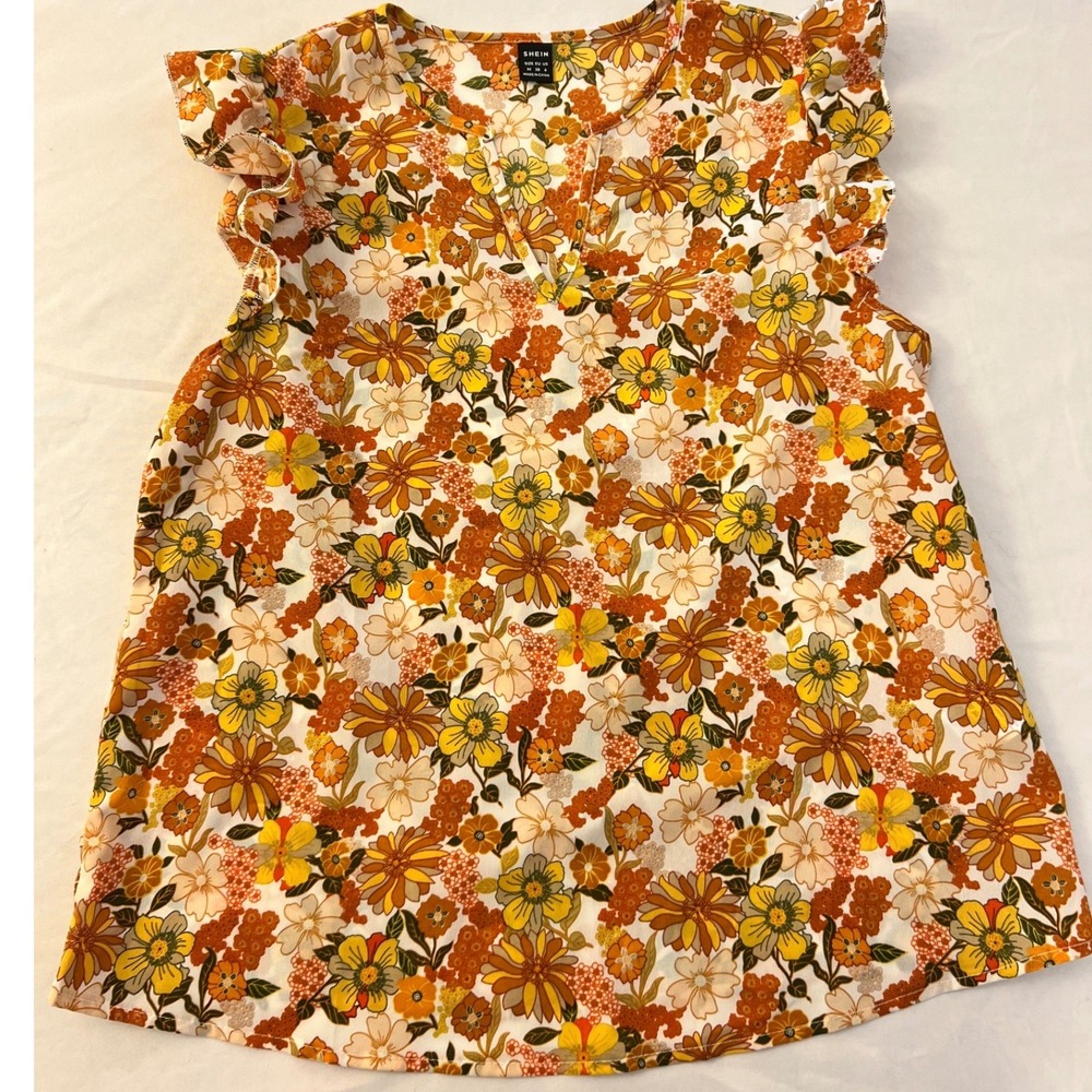 SHEIN Orange Yellow Retro Floral Ruffle Sleeve V-Neck Top Medium sw220420911388